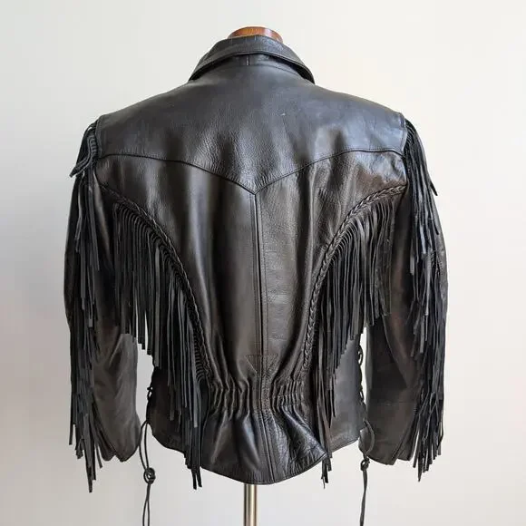 Vintage Black Leather Biker Jacket Fringe Sexy Moto Cowgirl Western Coat Small - Picture 2 of 12